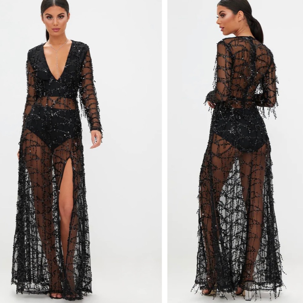 PrettyLittleThing Valentina Black Sequin Maxi Dres